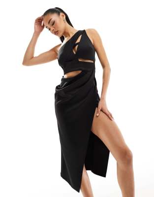 ASOS DESIGN - Midikleid in Schwarz mit Zierausschnitten und One-Shoulder-Träger