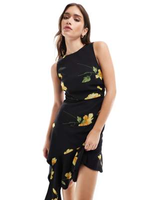 ASOS DESIGN - Midikleid in Schwarz und Gelb mit Blumenmuster und Wasserfallausschnitt-Bunt