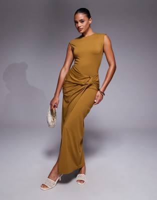 ASOS DESIGN - Midikleid in Senfgelb mit verdrehter Vorderseite und U-Boot-Ausschnitt-Neutral