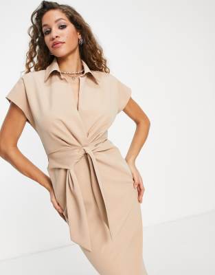 ASOS DESIGN - Midikleid in Stein mit Kragen, Wickeldesign vorn und Knotendetail-Neutral