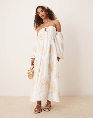 ASOS DESIGN - Midikleid in Weiß mit Blumenstickerei und Bardot-Ausschnitt