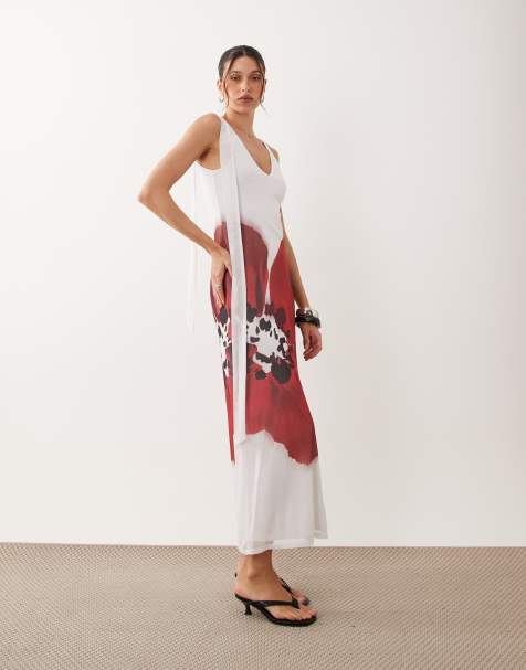 ASOS DESIGN – Midikleid in Weiß mit Placement-Print - view 1