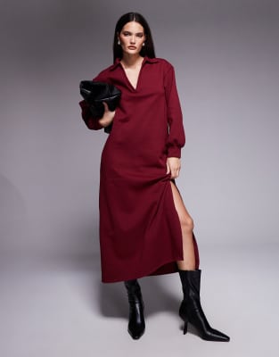 ASOS DESIGN - Midikleid in Weinrot mit Ballonärmeln, Kragen und V-Ausschnitt