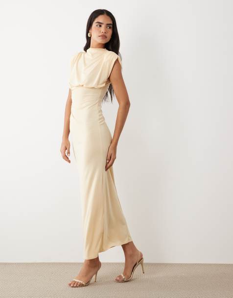 ASOS DESIGN – Midikleid in Zitronengelb mit Raffung und Schulterpolstern - view 1