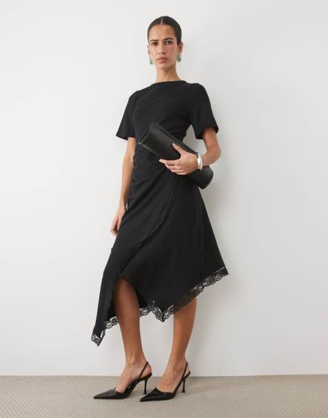 ASOS DESIGN Midikleid mit asymmetrischem Schnitt, Spitze und kurzen Ärmeln in Schwarz - view 1