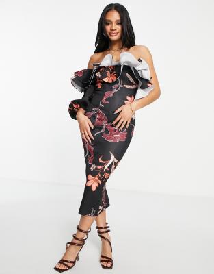 ASOS DESIGN - Midikleid mit Ballonärmeln und Winterblütenprint-Grün