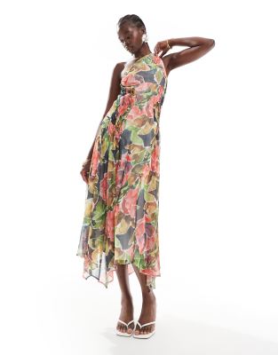 ASOS DESIGN - Midikleid mit Blumen-Print, One-Shoulder-Träger und gerafften Seiten-Bunt