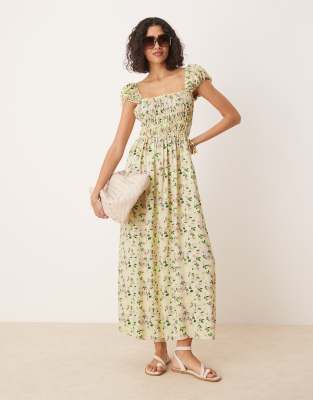 ASOS DESIGN - Midikleid mit Blumenmuster, eckigem Ausschnitt und geraffter Taille mit Tunnelzug-Bunt