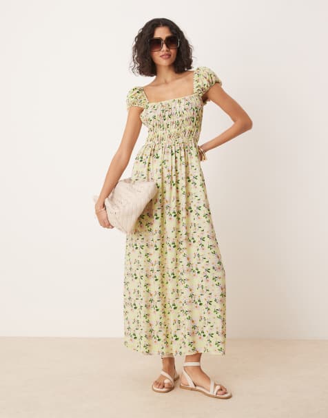 ASOS DESIGN – Midikleid mit Blumenmuster, eckigem Ausschnitt und geraffter Taille mit Tunnelzug - view 1