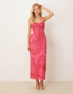 ASOS DESIGN - Midikleid mit Blumenmuster in leuchtendem Rosa und geraffter Brustpartie-Bunt