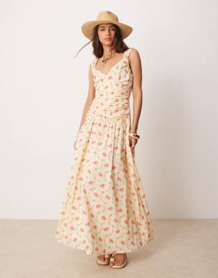 ASOS DESIGN - Midikleid mit Blumenmuster, Oberteil in Wickeloptik und tief angesetzter Taille-Bunt