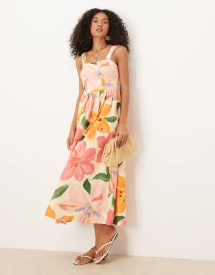 ASOS DESIGN - Midikleid mit eckigem Ausschnitt und Blumenmuster-Bunt