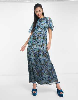 ASOS DESIGN - Midikleid mit Flügelärmeln und Blumenmuster in Tauch-Batik-Bunt