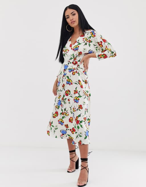 ASOS DESIGN – Midikleid mit gerafftem Einsatz und Blumengrafikdruck