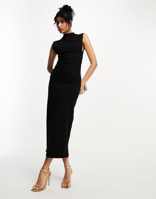 ASOS DESIGN – Midikleid mit hohem Ausschnitt und gerafften Seiten in Schwarz, 2 von 4