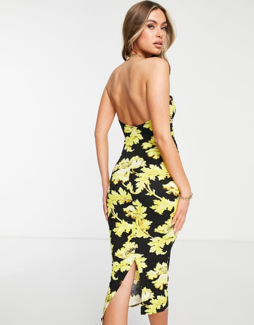 ASOS DESIGN – Midikleid mit Ketten-Neckholder und Blumenmuster in Schwarz und Gold, 4 von 4