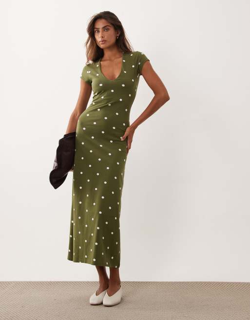 ASOS DESIGN Midikleid mit kurzen Ärmeln in Khaki und cremefarbenem Polka-Dot-Muster, 2 von 4