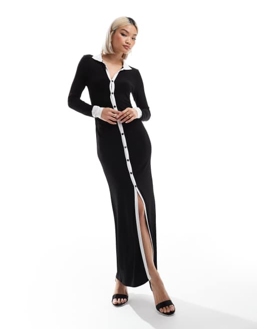 ASOS DESIGN – Midikleid mit langen Ärmeln und kontrastierendem Kragen und Bündchen