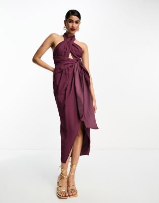 ASOS DESIGN - Midikleid mit Neckholder-Träger, Aussparung und Taillenschnürung in verwaschenem Staubviolett-Lila