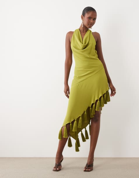 ASOS DESIGN Midikleid mit Neckholder und asymmetrischem Schnitt mit Bommel-Saum in Olivgrün - view 1