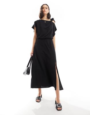 ASOS DESIGN - Midikleid mit Schulterschnürung und Blousonärmeln in Schwarz