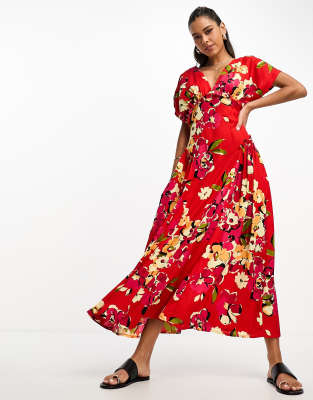 ASOS DESIGN - Midikleid mit tiefem Ausschnitt, Fledermausärmeln, seitlichen Godet-Falten und Blumenprint-Bunt