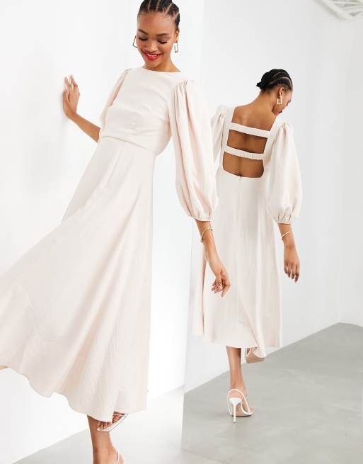 ASOS DESIGN – Midikleid mit vollem Rock und gerafften Trägern hinten in Muschelrosa