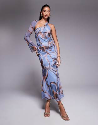 ASOS DESIGN - Midikleid mit Wickeldetail, One-Shoulder-Ärmel und Blumenmuster-Bunt