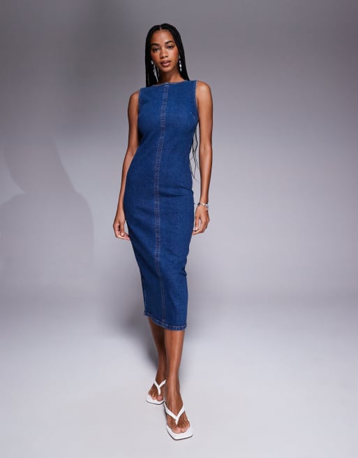 ASOS DESIGN – Midilång, figurnära jeansklänning i mörkblå tvätt, 4 av 4