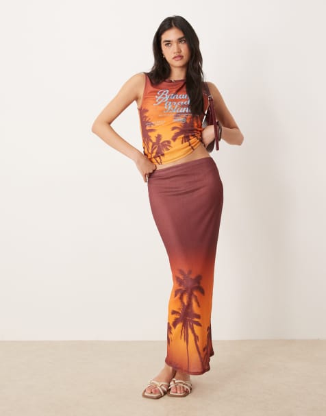 ASOS DESIGN - Midinederdel med 'Bahamas' og -palmeprint i mesh - view 1