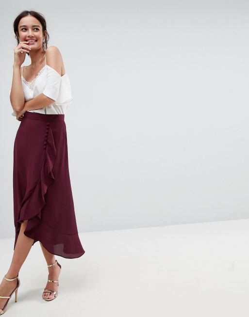 Asos Design Midirock Aus Chiffon Mit Knöpfen Und Rüschenverzierung Asos 