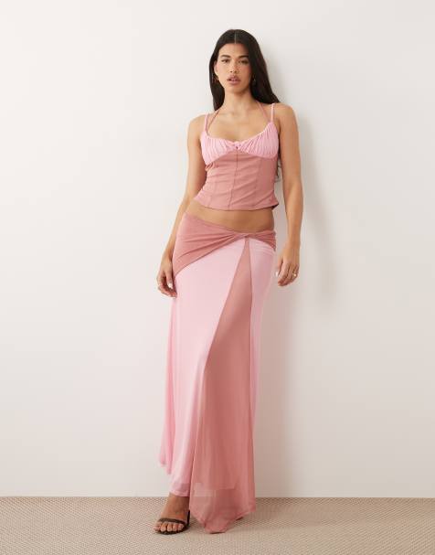 ASOS DESIGN – Midirock aus kontrastierendem Netzstoff in Rosa mit Taillendetail, Kombiteil - view 1