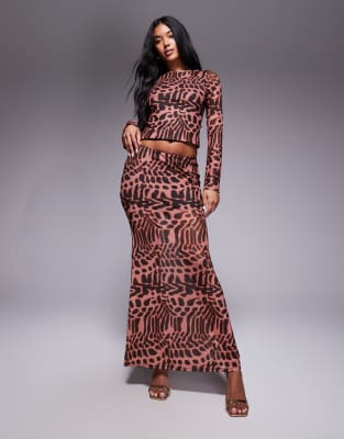 ASOS DESIGN - Midirock aus Netzstoff mit Tierfellmuster und Schwalbenschwanz, Kombiteil-Bunt