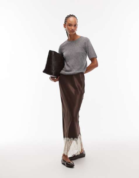 ASOS DESIGN – Midirock aus Satin in Schokobraun mit Spitzenbesatz und Schrägmuster - view 1