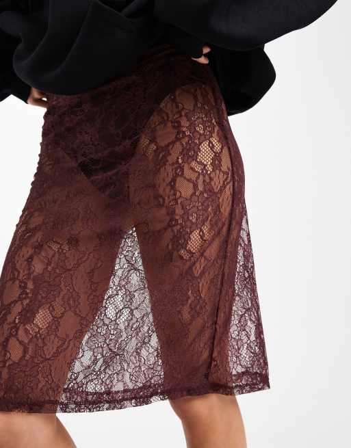 ASOS DESIGN – Midirock aus transparenter Spitze in Feige, 5 von 5