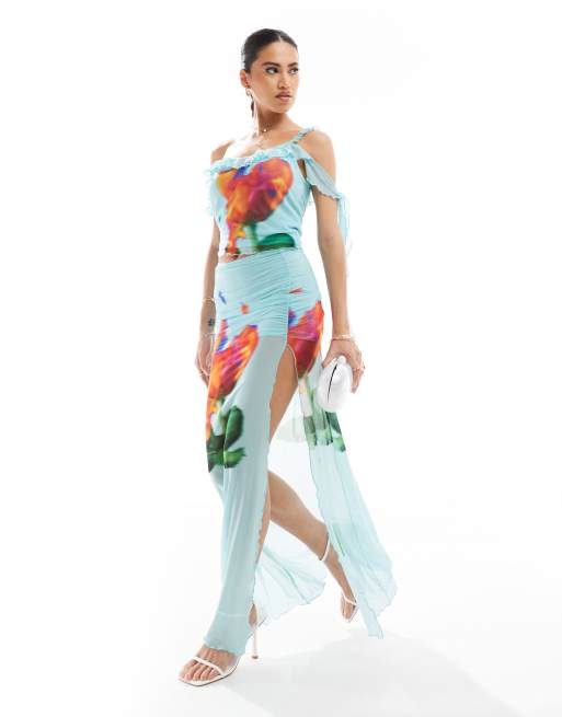 ASOS DESIGN – Midirock in Blau mit auffälligem Rosenprint, Kombiteil