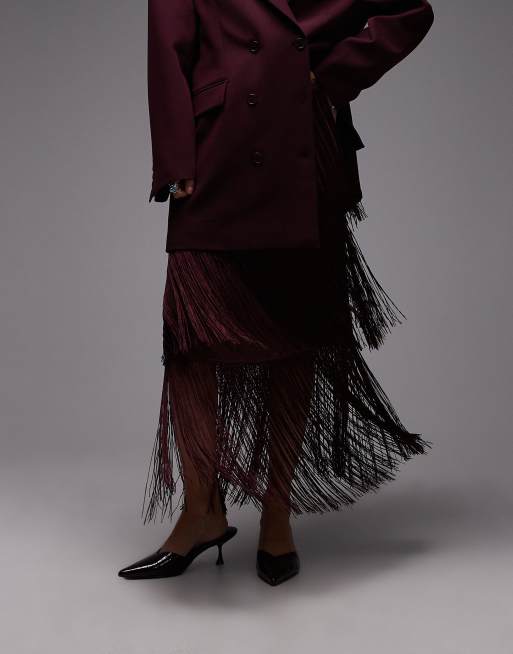 ASOS DESIGN – Midirock in Burgunderrot mit Fransen, 4 von 5
