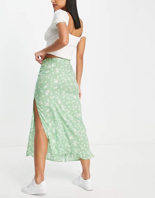 ASOS DESIGN – Midirock in Salbeigrün mit Oberschenkelschlitz und Blümchenmuster, 2 von 4