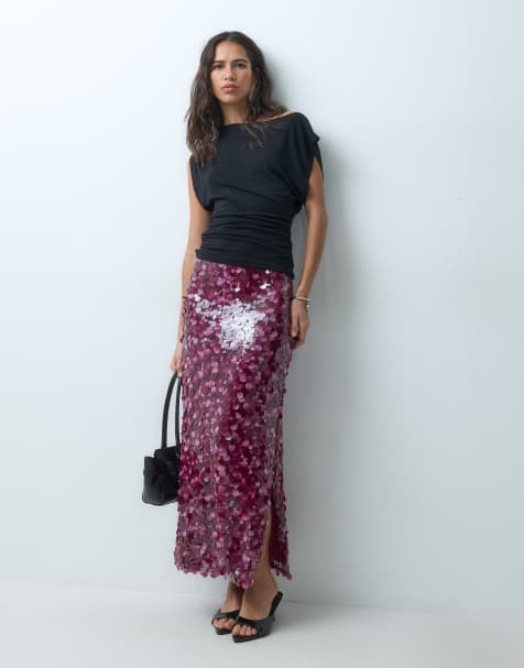 ASOS DESIGN Midirock mit Lagen aus Pailletten in Beerenrot - view 1