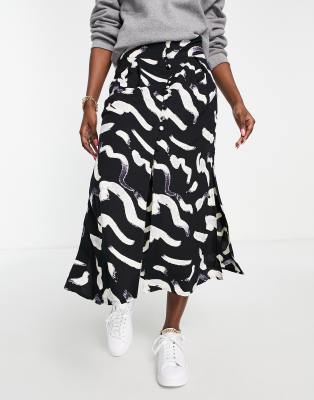 ASOS DESIGN - Midirock mit schwarz-weißem Print in Flecken-Optik und Knopfleiste-Bunt