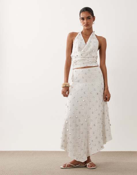 ASOS DESIGN Midirock mit tiefer Taille und Verzierungen in Weiß - view 1