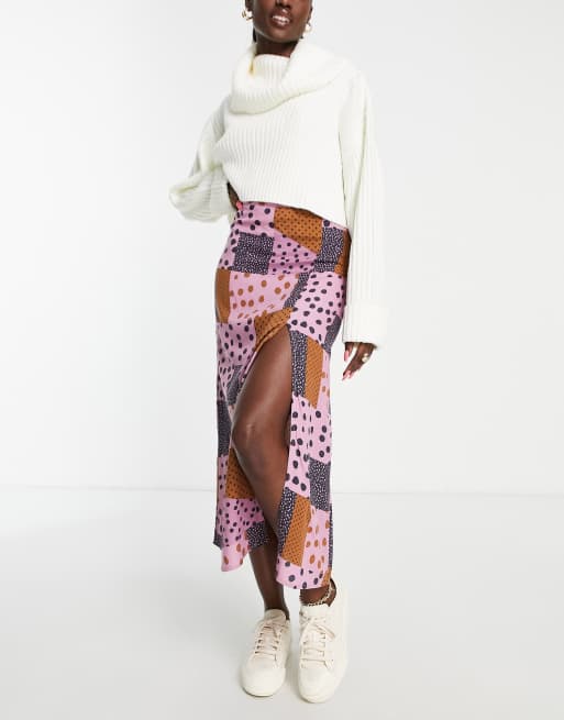 ASOS DESIGN – Midirock zum Reinschlüpfen mit hohem Schlitz und Patchwork-Punktemuster