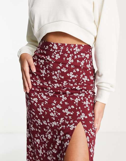 ASOS DESIGN - Midirok met dijsplit en bordeauxrode bloemenprint, 3 van 4