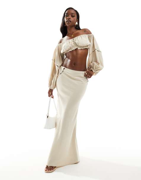 ASOS DESIGN - Midirok met knoopdetail in crème, deel van co-ord set - view 1