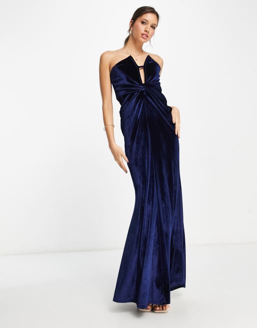 ASOS DESIGN - Midnatsblå maxikjole i velour med knude fortil og dyb udskæring, 4 af 4