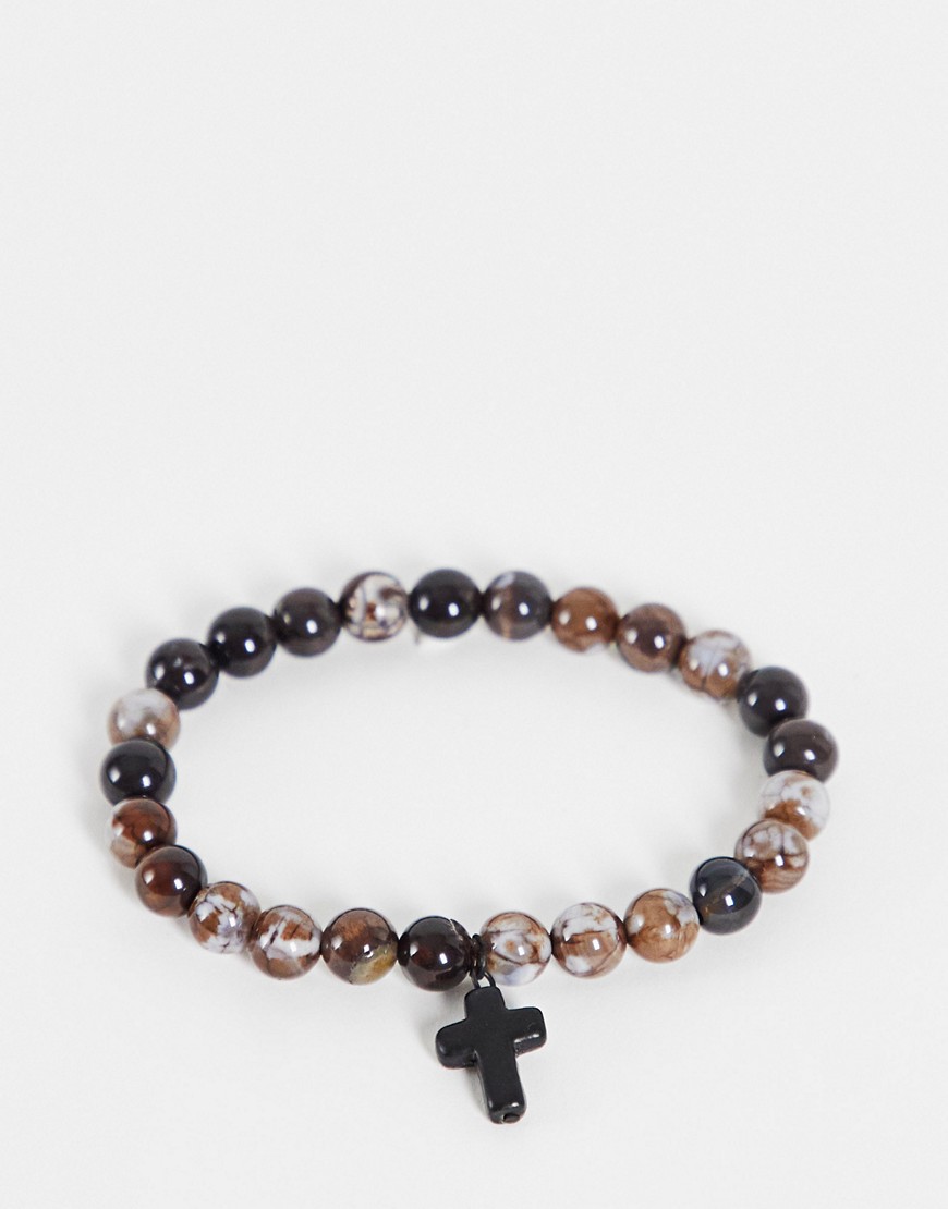 ASOS DESIGN midweight 8mm beaded bracelet with smoky quartz stones and cross pendant-Brown
