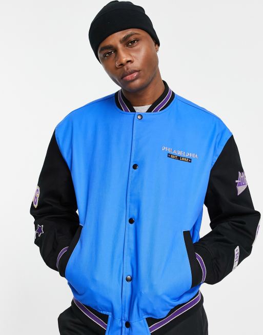 Power Look Navy Blue Back Print Oversize Varsity Jacket