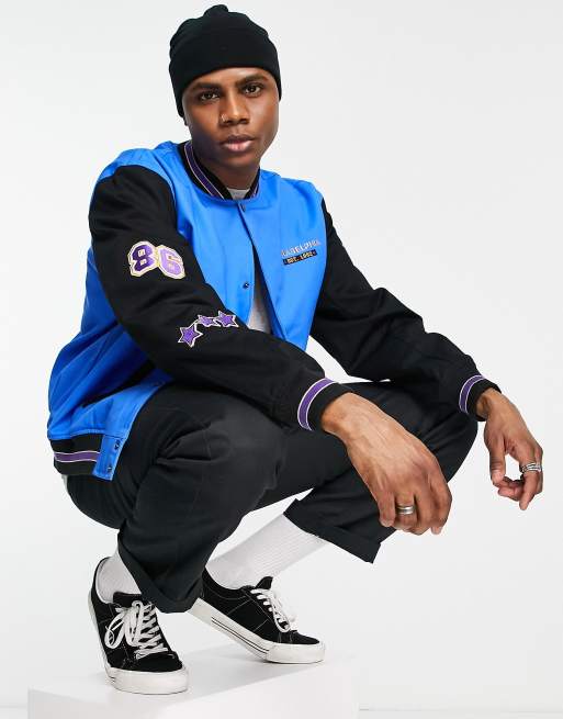 ASOS DESIGN midweight bomber varsity jacket in bright blue with back detail, 4 of 4