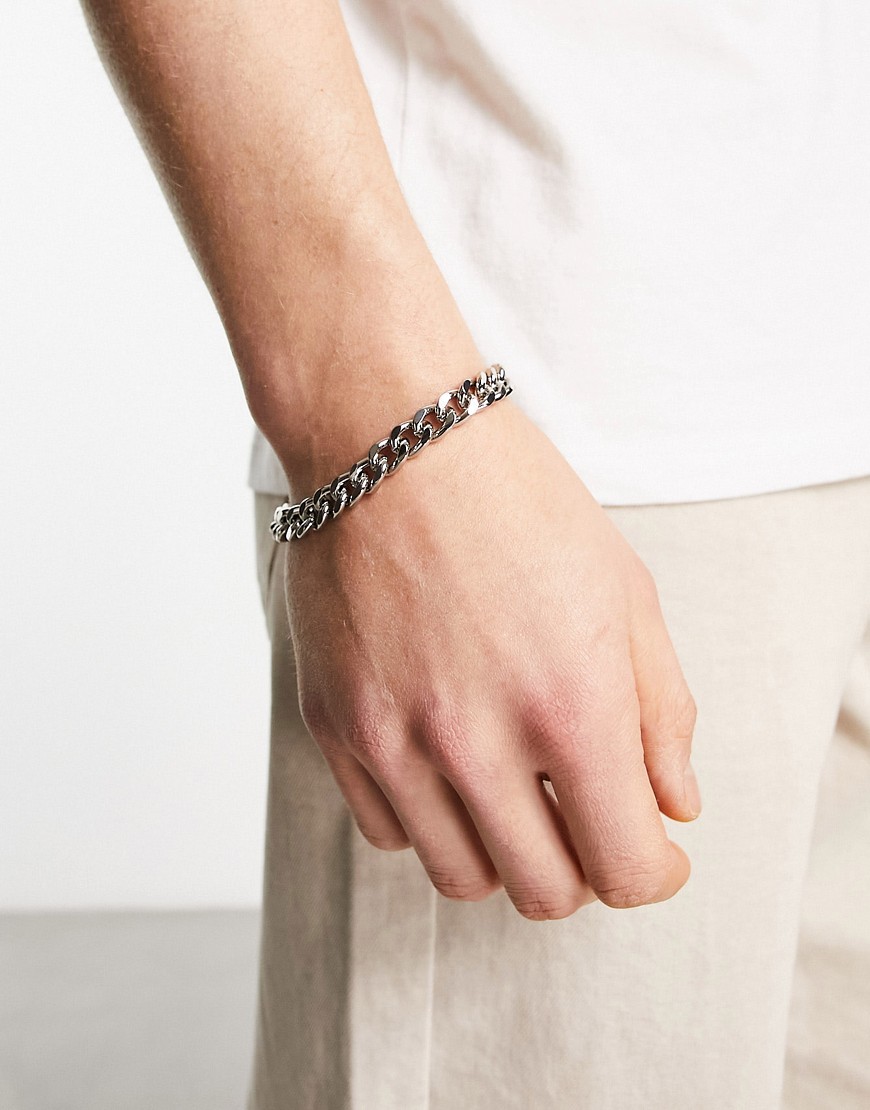Asos Design Midweight 7mm Chain Bracelet With Texture In Shiny Silver Tone