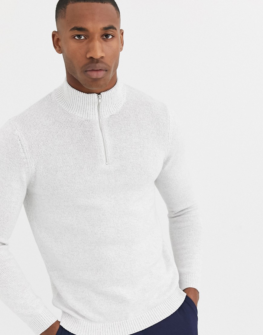 ASOS DESIGN midweight cotton half zip jumper in white twist-Grey